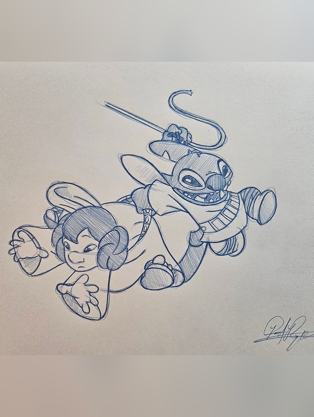 Disney Lucas Star Wars Lilo And Stitch Drawing/Sketch Animation Art Signed